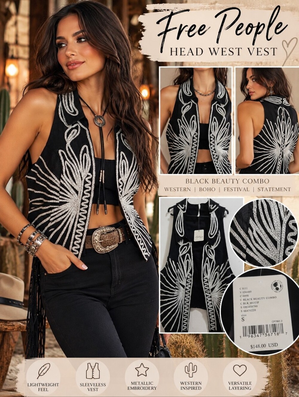 Free People Head West Metallic Embroidered Vest Black Silver S NWT